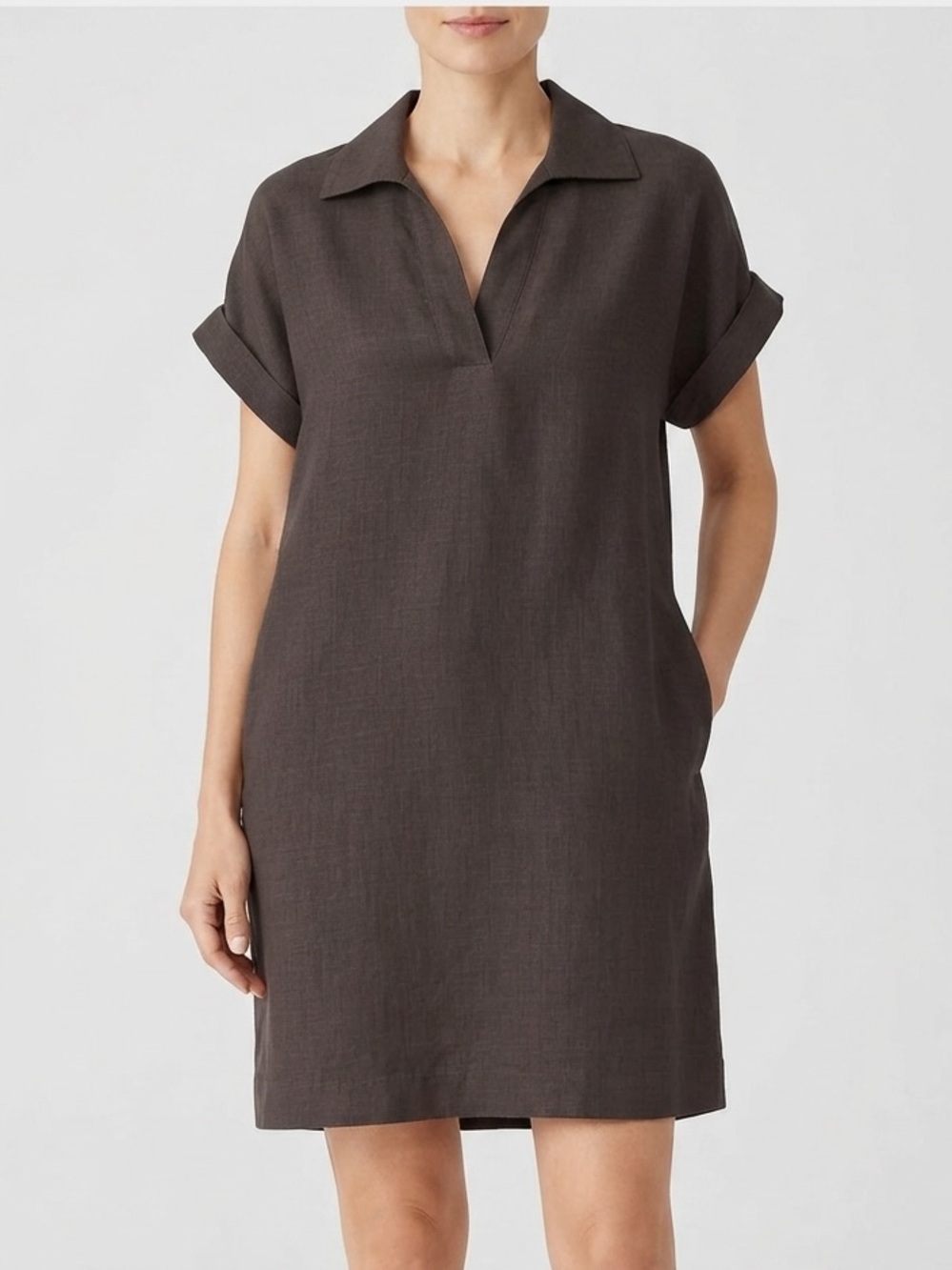 Emma & Michele Dark Espresso Short Sleeve Shirt Dress Pockets Collar NWT Size M